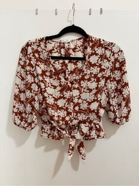 Sienna Sky Rust and White Floral Tie-Front Peplum Blouse